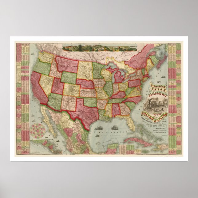 Póster Mapa do Caminho de Ferro da União Americana 1872 (Frente)