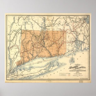 Póster Mapa do Caminho de Ferro de Connecticut Vintage (1