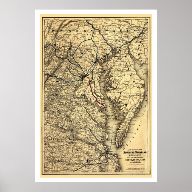 Poster Mapa do Caminho de Ferro do Sul de Maryland, 1881 (Frente)