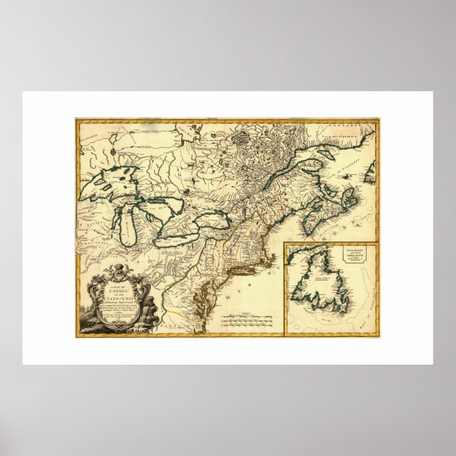 Póster Mapa do Canadá e dos Estados Unidos em 1778 (Frente)