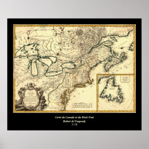 Póster Mapa do Canadá e dos Estados Unidos em 1778