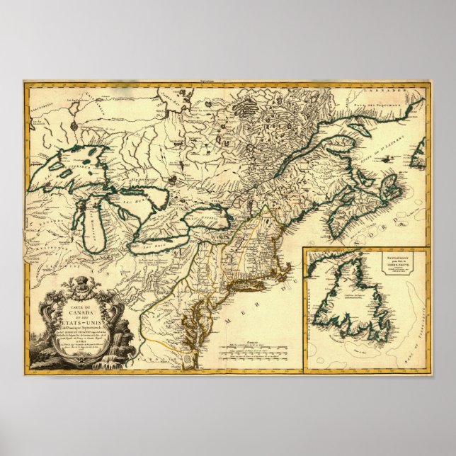 Póster Mapa do Canadá e dos Estados Unidos em 1778 (Frente)
