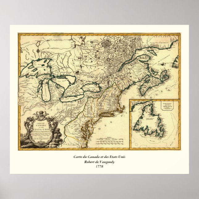 Poster Mapa do Canadá e dos Estados Unidos em 1778 (Frente)