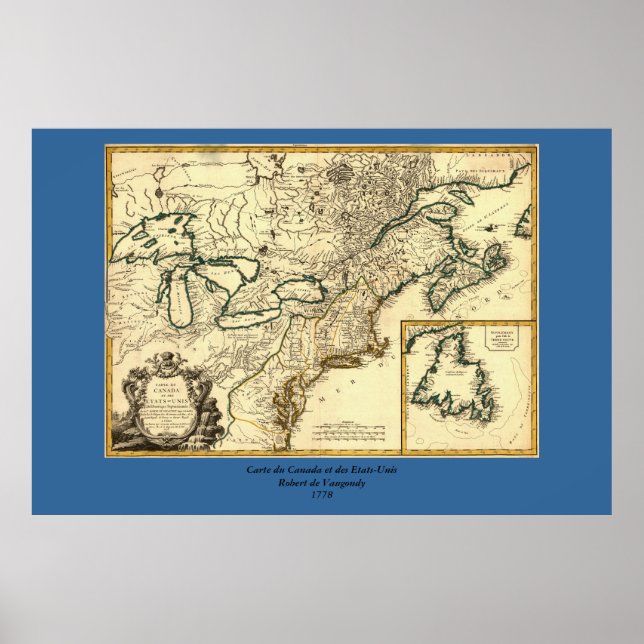 Póster Mapa do Canadá e dos Estados Unidos em 1778 (Frente)