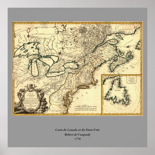 Póster Mapa do Canadá e dos Estados Unidos em 1778 (Frente)