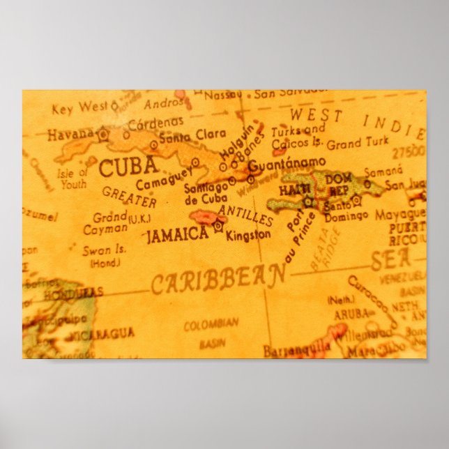 Poster Mapa do Caribe Vintage (Frente)