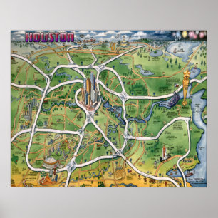 Póster Mapa do Cartoon de Houston Texas