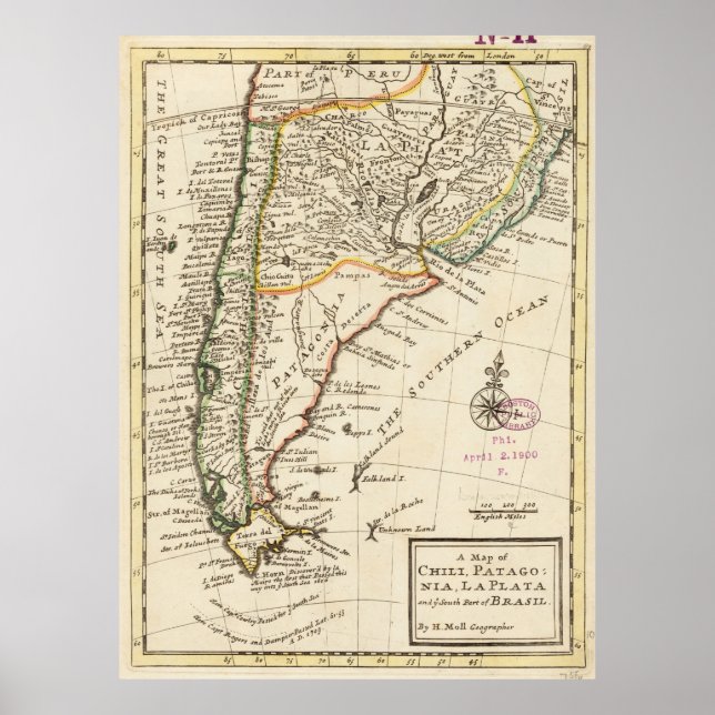 Poster Mapa do Chile e da Argentina (1732) (Frente)