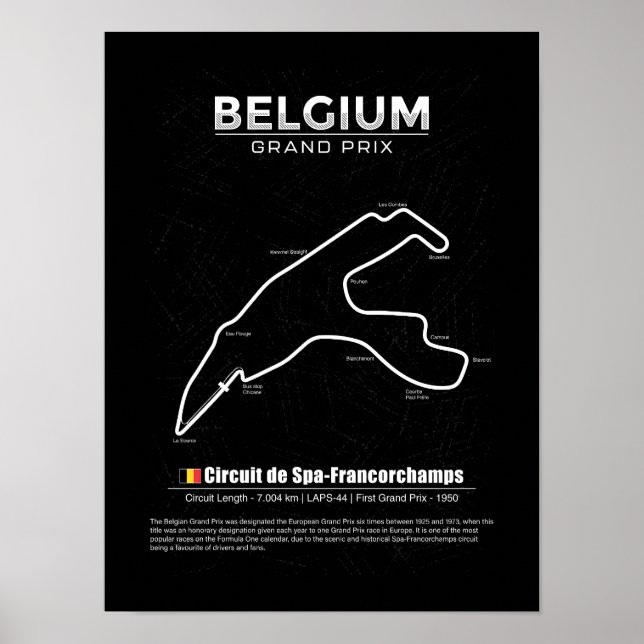 Poster mapa do circuito da grande prêmio da Bélgica (Frente)