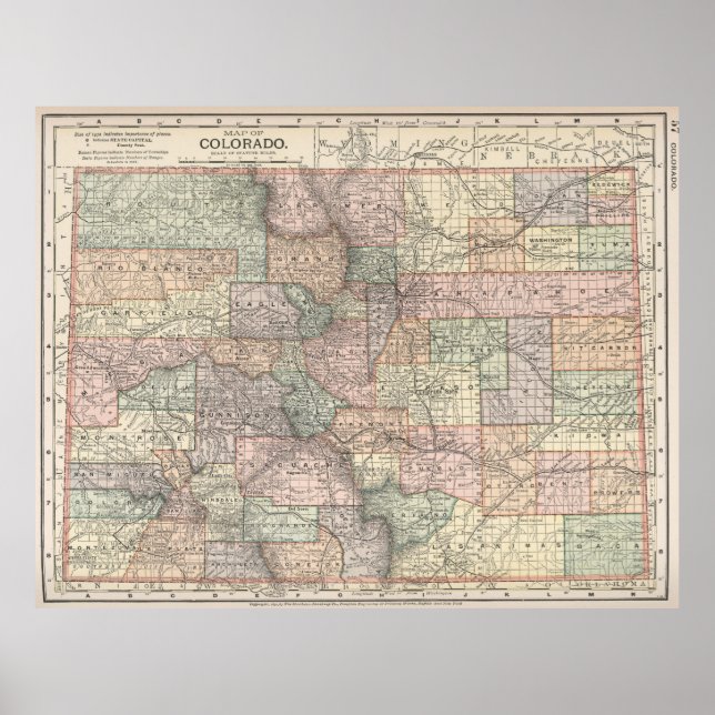 Poster Mapa do Colorado com Cidades e Condados (1891) (Frente)