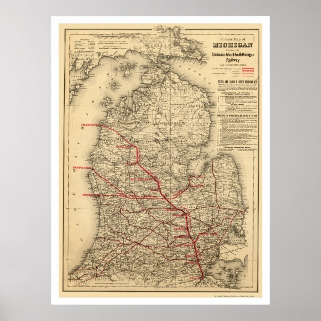 Póster Mapa do Comboio Ferroviário de Michigan 1886 (Frente)
