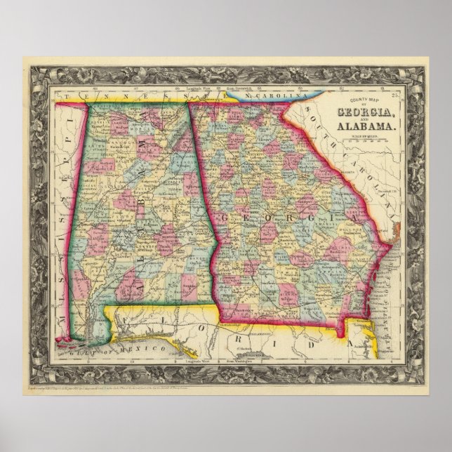 Poster Mapa Do Condado Da Geórgia E Do Alabama (Frente)
