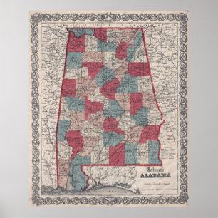 Póster Mapa do condado de Alabama do vintage (1859)