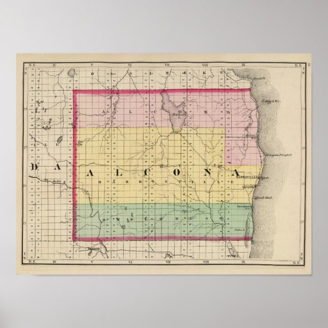 Poster Mapa do Condado de Alcona, Michigan (Frente)