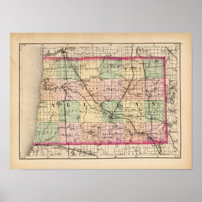 Póster Mapa do Condado de Alegan, Michigan (Frente)