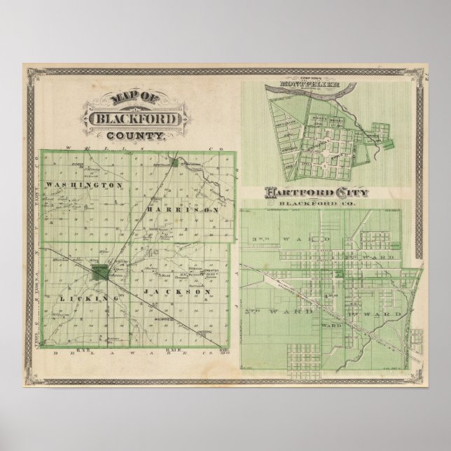 Póster Mapa do Condado de Blackford com Montpelier (Frente)