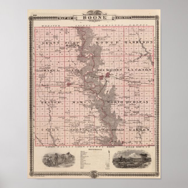 Póster Mapa do Condado de Boone, Estado de Iowa (Frente)