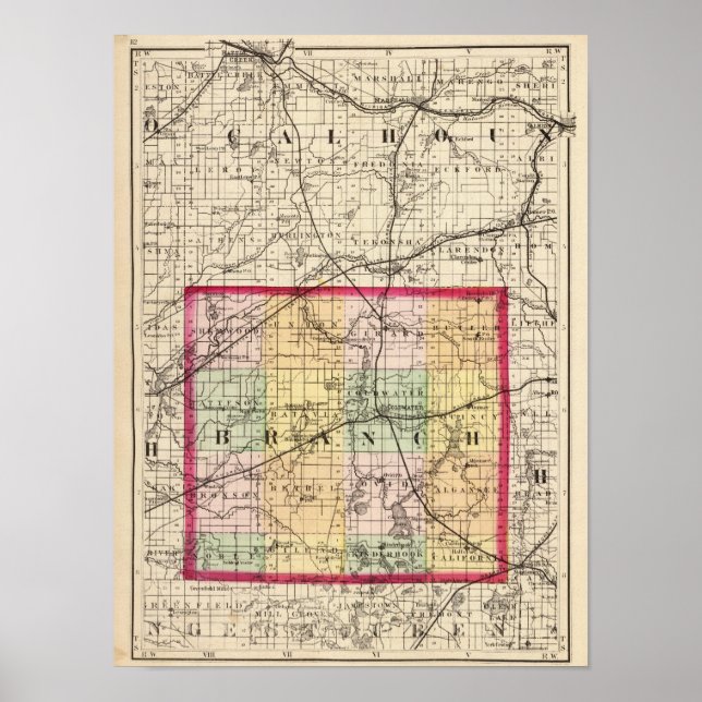 Poster Mapa do Condado de Branch, Michigan (Frente)