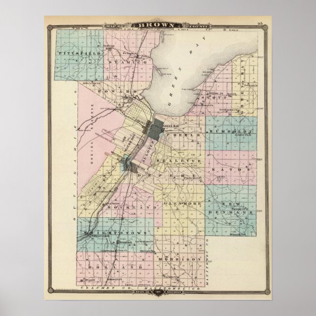 Póster Mapa do Condado de Brown, Estado de Wisconsin (Frente)