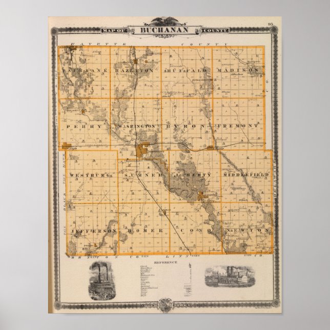 Póster Mapa do Condado de Buchanan, Estado de Iowa (Frente)
