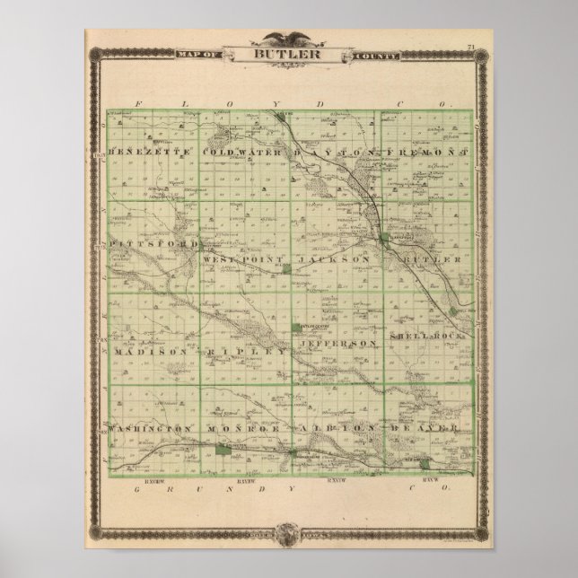 Poster Mapa do Condado de Butler, Estado de Iowa (Frente)