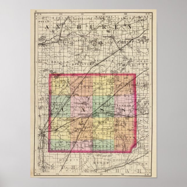 Póster Mapa do Condado de Cass, Michigan (Frente)