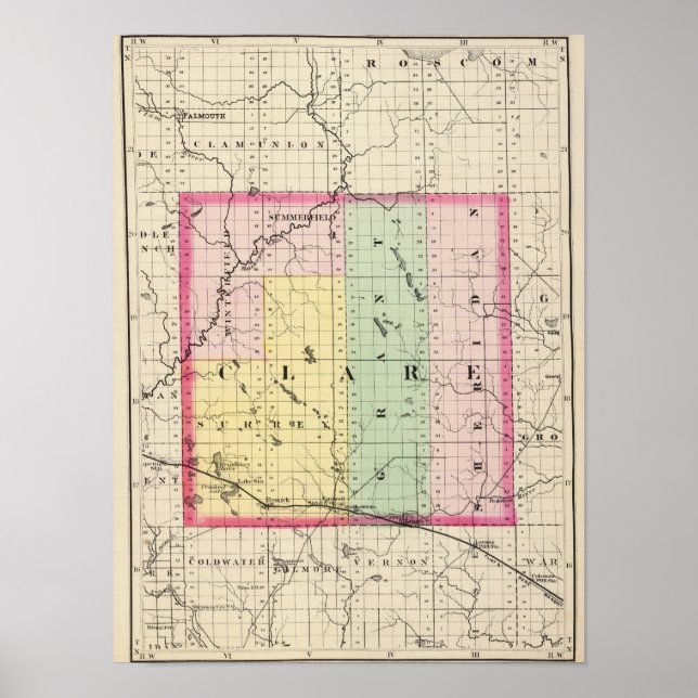 Póster Mapa do Condado de Clare, Michigan (Frente)