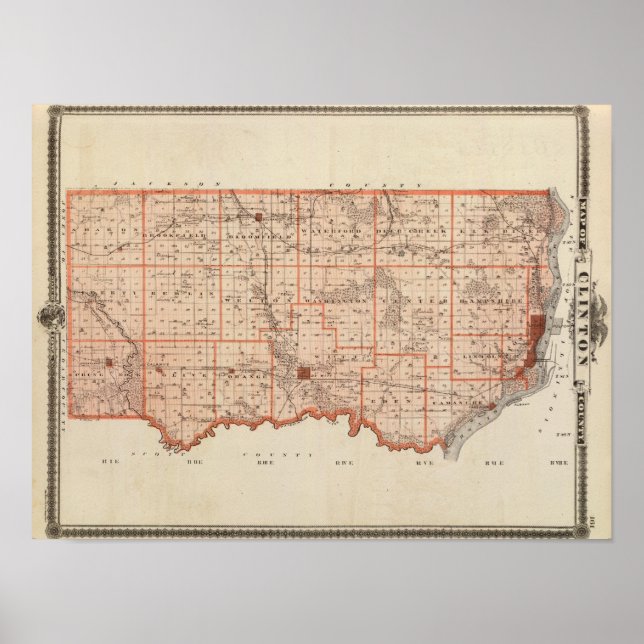 Póster Mapa do Condado de Clinton, Estado de Iowa (Frente)
