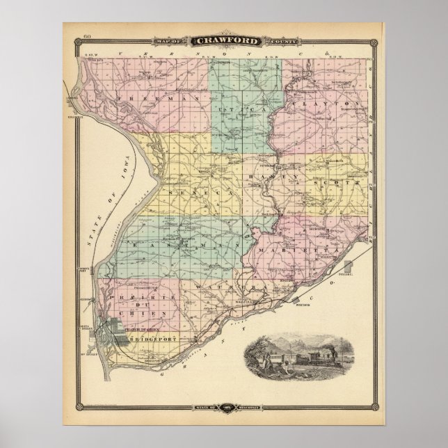 Poster Mapa do Condado de Crawford, Estado de Wisconsin (Frente)