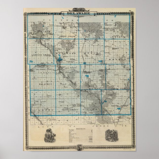 Poster Mapa do Condado de Delaware, Estado de Iowa (Frente)