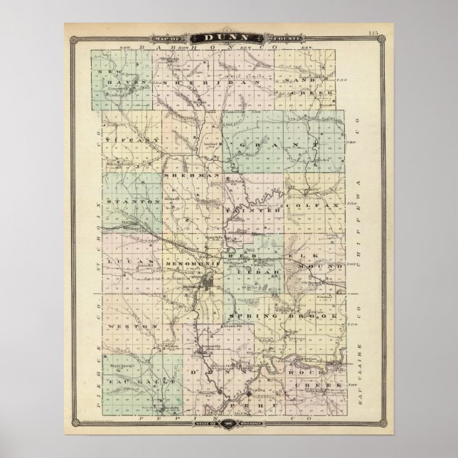 Poster Mapa do Condado de Dunn, Estado de Wisconsin (Frente)