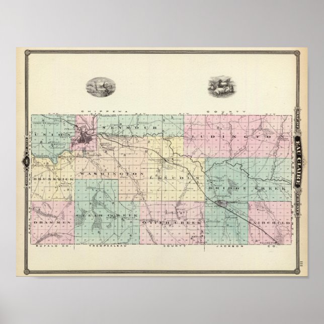 Póster Mapa do Condado de Eau Claire, Estado de Wisconsin (Frente)