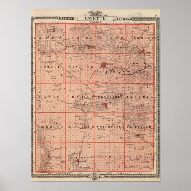 Póster Mapa do Condado de Fayette, Estado de Iowa (Frente)
