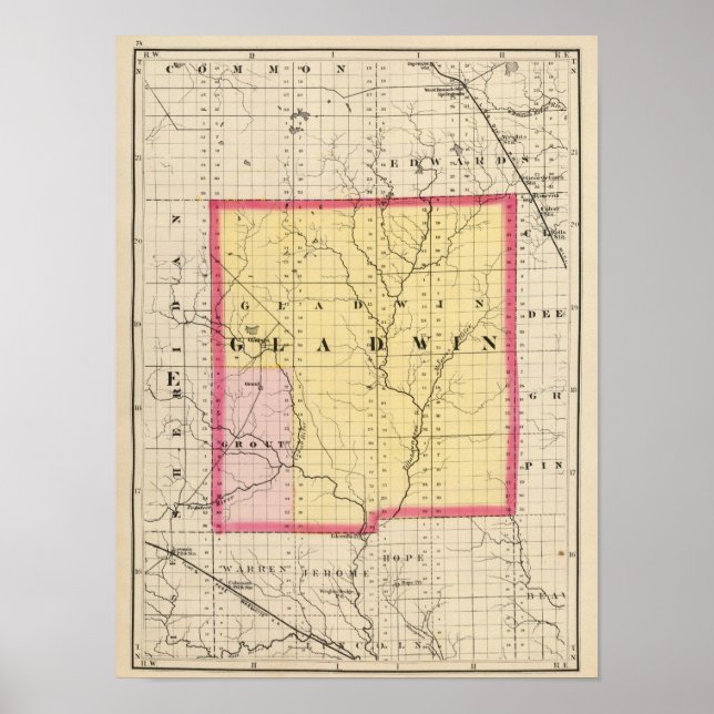 Póster Mapa do Condado de Gladwin, Michigan (Frente)