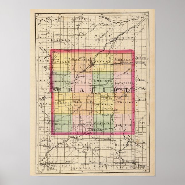 Poster Mapa do Condado de Gratiot, Michigan (Frente)