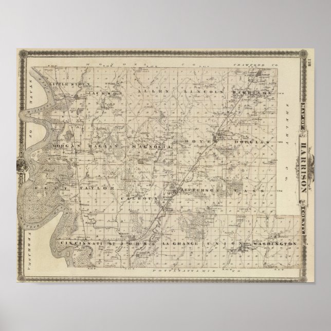 Póster Mapa do Condado de Harrison, Estado de Iowa (Frente)