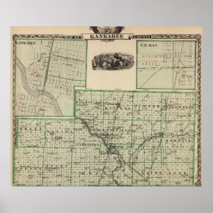 Póster Mapa do condado de Kankakee, Kankakee e Gilman