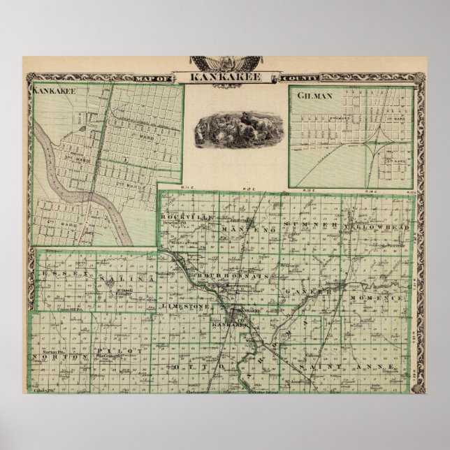Póster Mapa do condado de Kankakee, Kankakee e Gilman (Frente)