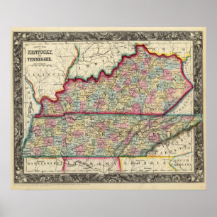 Póster Mapa do condado de Kentucky, e de Tennessee