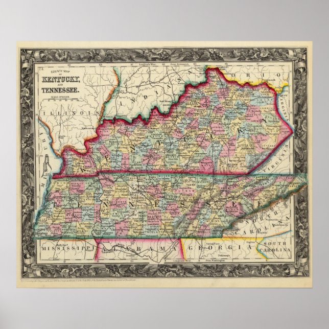 Póster Mapa Do Condado De Kentucky E Tennessee (Frente)