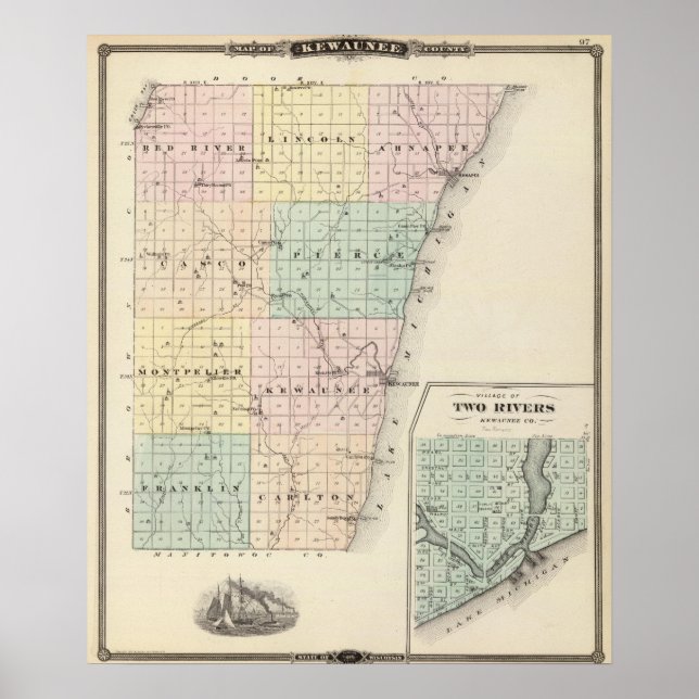 Poster Mapa do condado de Kewaunee (Frente)
