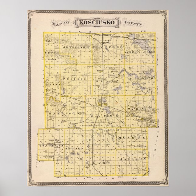 Póster Mapa do condado de Kosciusko (Frente)