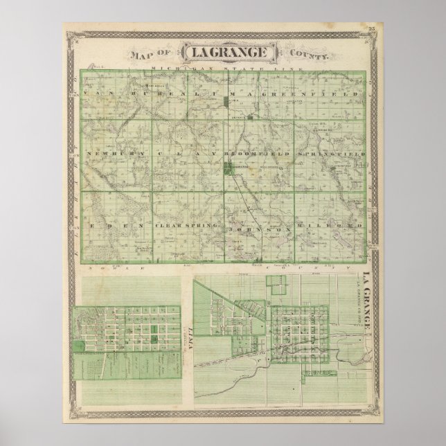 Póster Mapa do condado de Lagrange com La Grange, Lima (Frente)