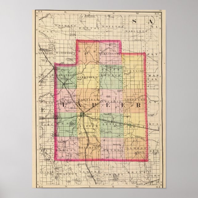 Póster Mapa do Condado de Lapeer, Michigan (Frente)