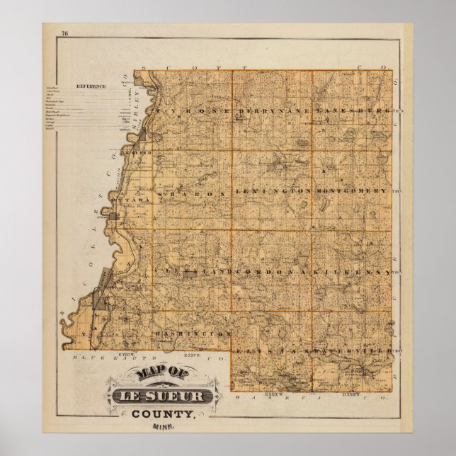Póster Mapa do Condado de Le Sueur, Minnesota (Frente)