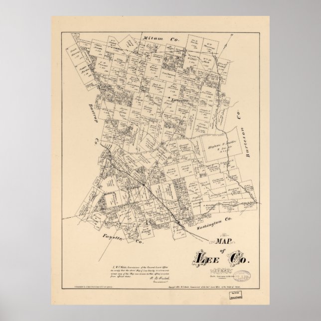 Poster Mapa do Condado de Lee, Texas (1879) (Frente)