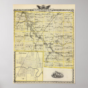 Poster Mapa do condado de Livingston e Pontiac
