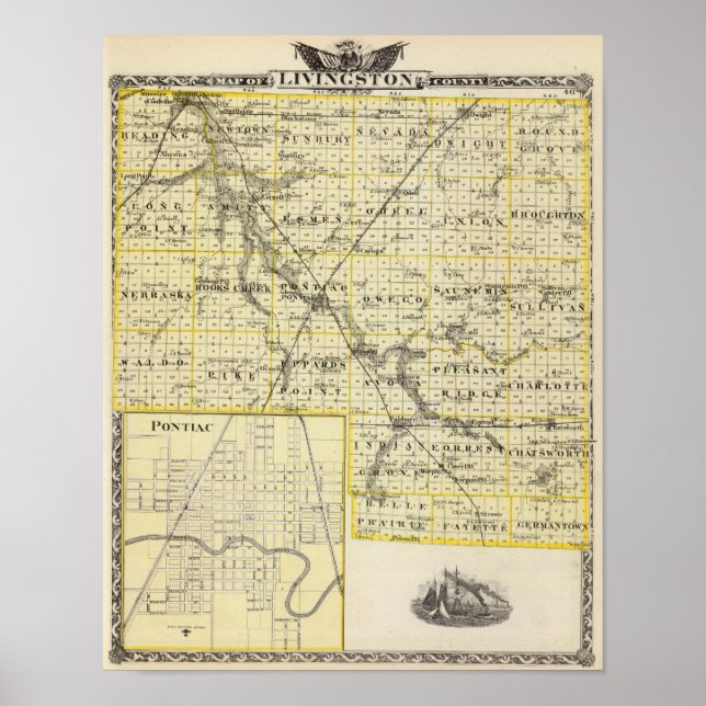 Poster Mapa do condado de Livingston e Pontiac (Frente)