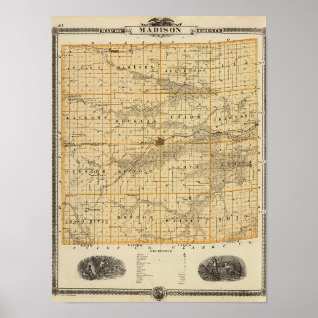 Póster Mapa do Condado de Madison, Estado de Iowa (Frente)