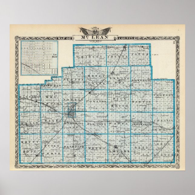 Póster Mapa do Condado de McLean e de Le Roy (Frente)
